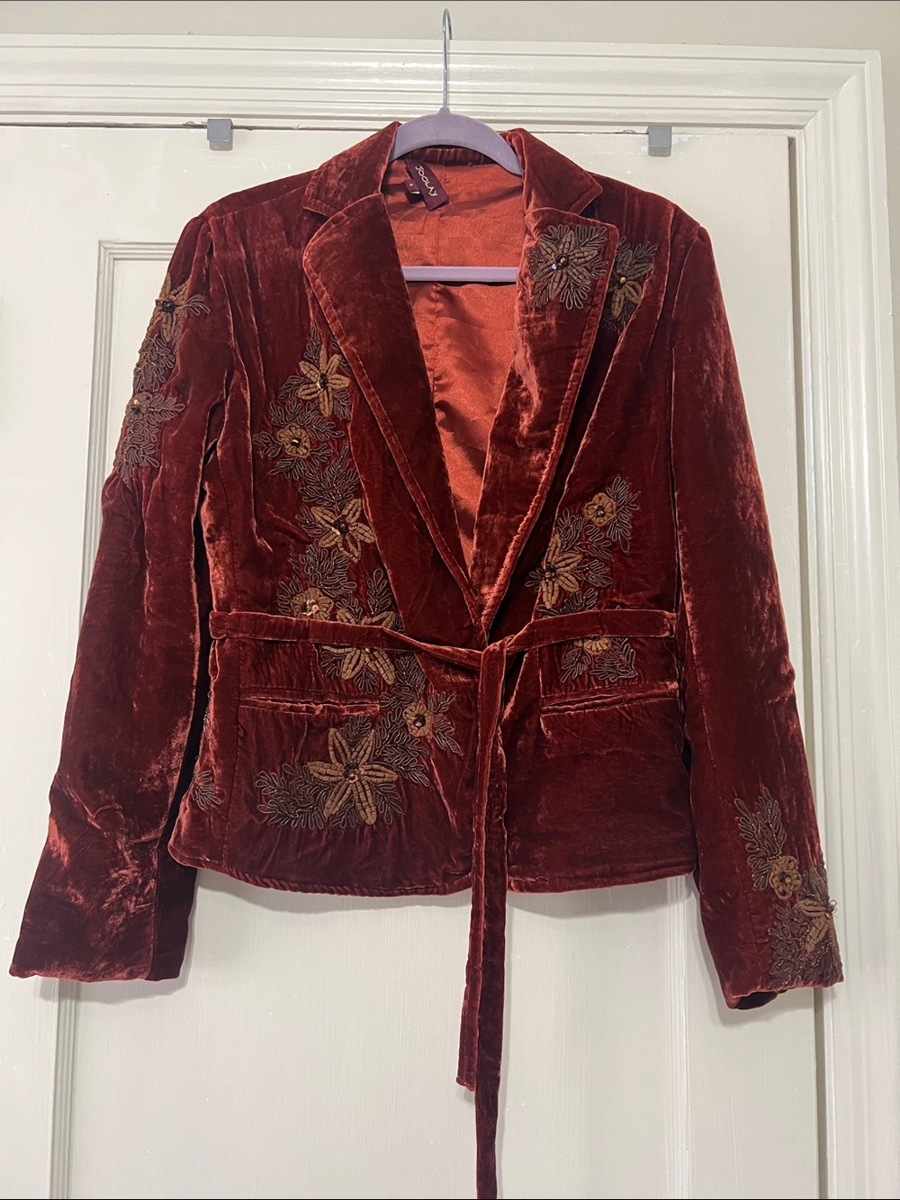 Joolay Rust Red Velvet Embroidered Belted Blazer